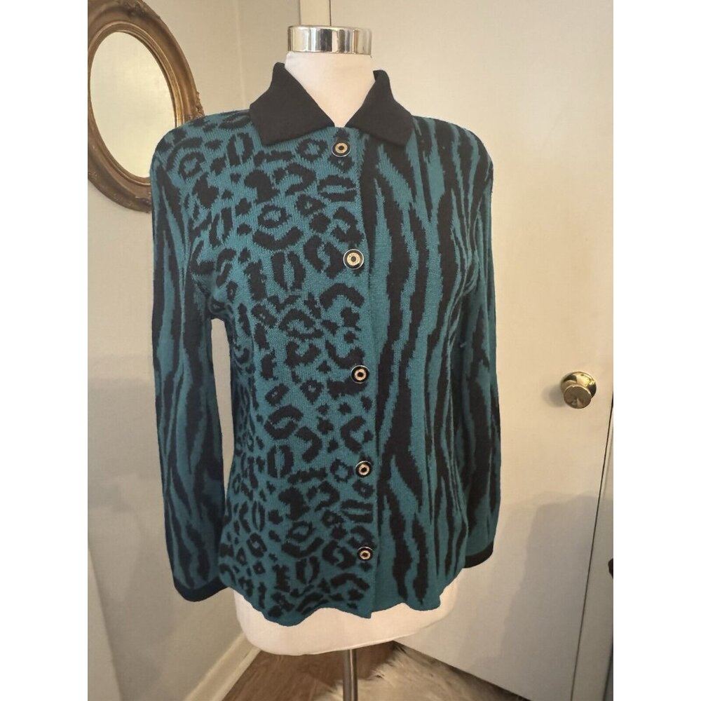 San Remo by Laura Knits Teal Black stretch KNIT Cardigan Sweater animal Small